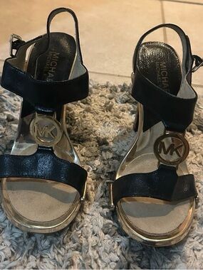 Michael Kors Black and Gold MK Logo Wedge Sandals